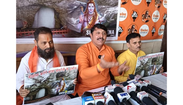 Shiv Sena leaders addressing a press conference at Jammu on Thursday. — Excelsior/Rakesh
