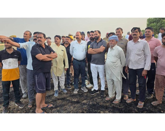 MLA Bishnah Dr Rajiv Bhagat during visit to damaged crop fields due to fire at Deoli. MLA Bishnah Dr Rajiv Bhagat during visit to damaged crop fields due to fire at Deoli.