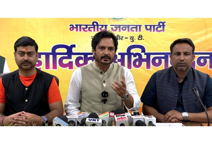 BJP leaders at a press conference at Jammu on Tuesday.