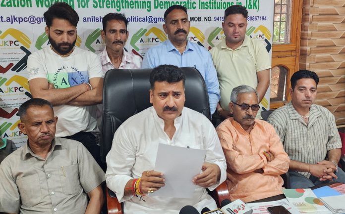 All Jammu and Kashmir Panchayat Conference president, Anil Sharma talking to media persons in Jammu on Sunday. — Excelsior/Rakesh