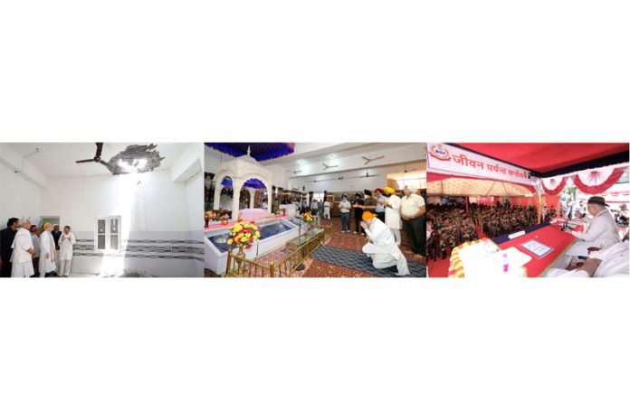 Union Home Minister Amit Shah assessing damage caused in Pak shelling in Poonch (L), offering prayers at the Singh Sabha Gurudwara, which was hit during cross-border shelling by Pakistan, in Poonch (M) and addressing the BSF jawans in Poonch(R) on Friday.