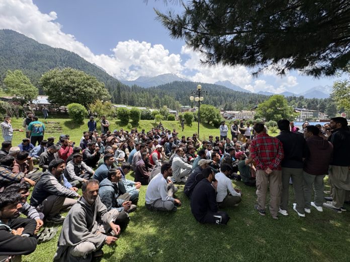 Ponywallahs protesting and demanding opening of tourist spots in Pahalgam on Wednesday. - Excelsior/Sajad Dar Ponywallahs protesting and demanding opening of tourist spots in Pahalgam on Wednesday. - Excelsior/Sajad Dar