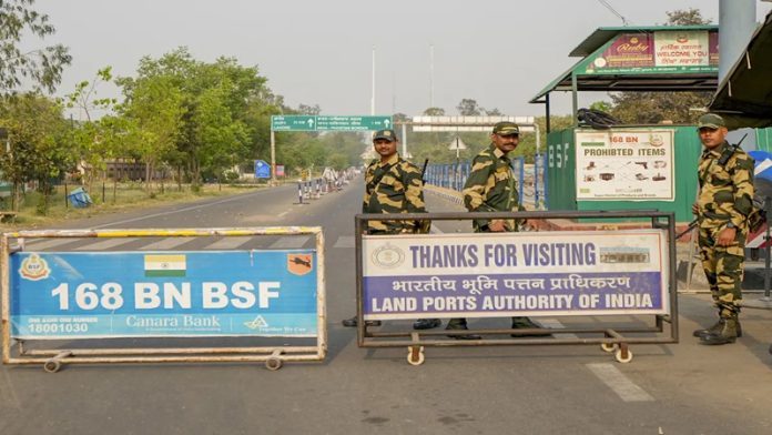 BSF personnel guard the Integrated Check Post near the Attari-Wagah border in Amritsar.