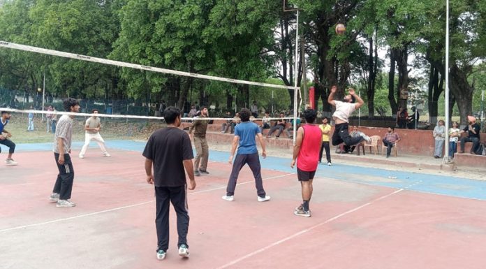 Players in action during Volleyball match at Jammu University. Players in action during Volleyball match at Jammu University.
