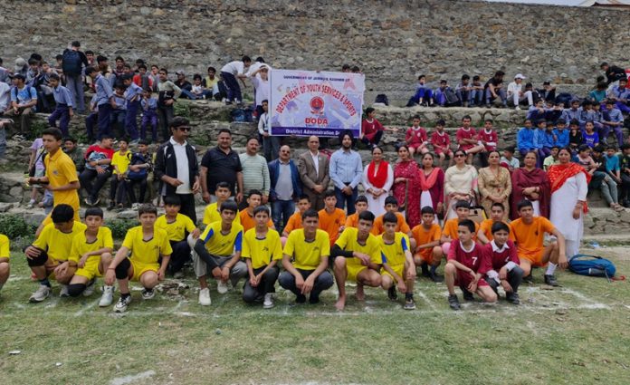 Dignitaries posing along with players during a zonal level tourney in Bhaderwah. -Excelsior/Tilak Raj