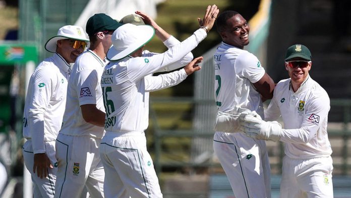 Lungi Ngidi celebrating with team members. File Photo Lungi Ngidi celebrating with team members. File Photo