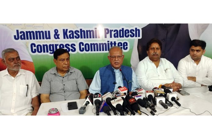 JKPCC chief T H Karra addressing press conference in Jammu on Sunday. -Excelsior/Rakesh