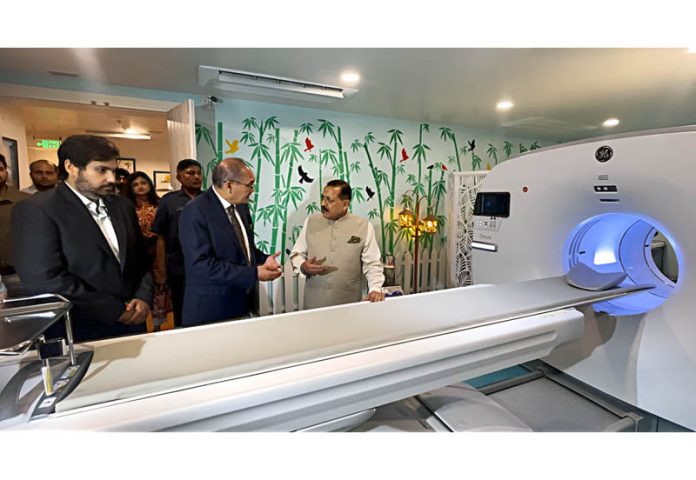 Union Minister Dr Jitendra Singh going around after inaugurating one of the first of its kind, latest diagnostic facility, 128-slice Digital PET-CT scanner with AI (Artificial Intelligence) driven integrated investigative set up at Gurugram on Sunday.