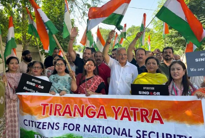 Senior BJP leader Kavinder Gupta leading a Tiranga Rally in Trikuta Nagar area of Jammu.