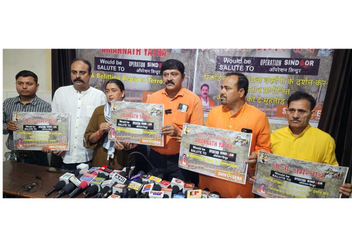 Shiv Sena leaders releasing a poster in Jammu on Wednesday. —Excelsior/Rakesh