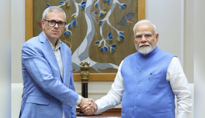 omar Chief Minister Omar Abdullah meeting Prime Minister Narendra Modi in New Delhi on Saturday.