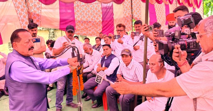 Union Minister Dr Jitendra Singh holding an interactive public meeting at Hiranagar on Tuesday.