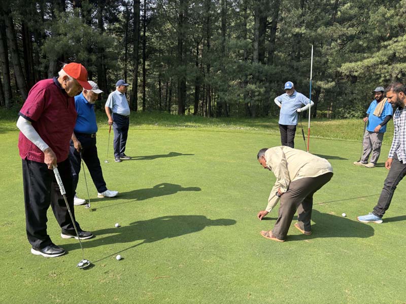 NC president Dr Farooq Abdullah teeing off at Pahalgam Golf Course on Tuesday.-Excelsior/Sajad Dar