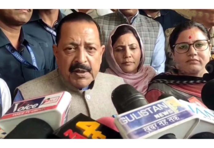 Union Minister Dr Jitendra Singh talking to reporters at Ramban on Saturday. -Excelsior/Parvez Union Minister Dr Jitendra Singh talking to reporters at Ramban on Saturday. -Excelsior/Parvez