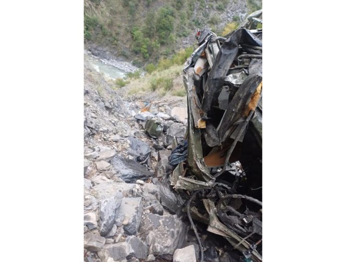 Mingled remains of an Army vehicle which fell into a deep gorge in Ramban on Sunday. - Excelsior/Parvez Mingled remains of an Army vehicle which fell into a deep gorge in Ramban on Sunday. - Excelsior/Parvez