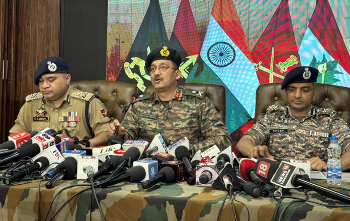 Army, CRPF and police officers addressing a press conference at Awantipora on Friday. -Excelsior/Younis Khaliq Army, CRPF and police officers addressing a press conference at Awantipora on Friday. -Excelsior/Younis Khaliq