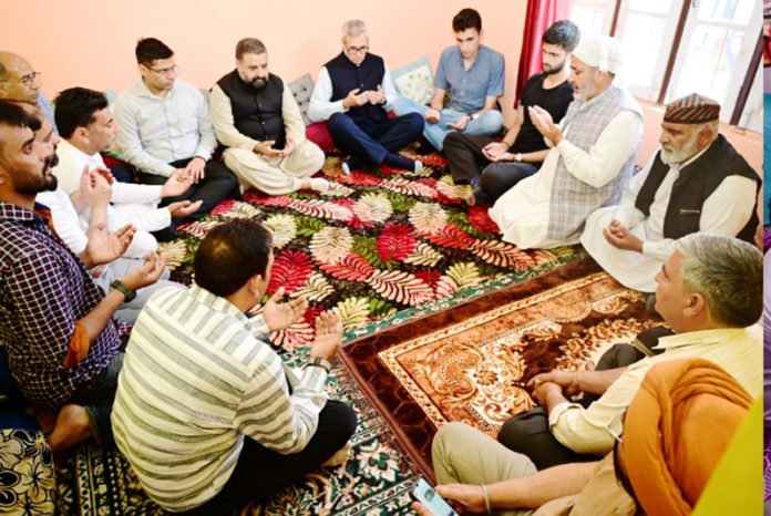 CM Omar Abdullah meeting family members of a Pakistan shelling victim in Poonch on Monday.