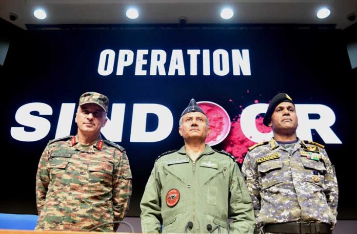 Director General of Military Operations (DGMO) Lt General Rajiv Ghai with Air Marshal AK Bharti and Vice Admiral AN Pramod at a press conference on 'Operation Sindoor', in New Delhi on Monday. (UNI)