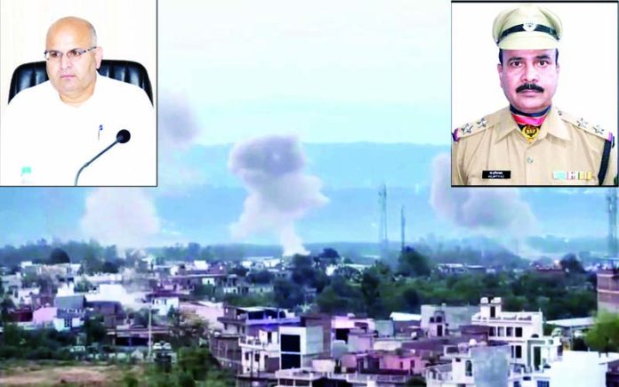Mortal shells exploding in Rajouri town on Saturday. Martyrs Dr Raj Kumar Thapa and BSF SI Mohd Imteyaz (Inset). -Excelsior/Imran