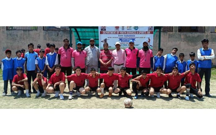 ZPEO Rainawari, Muzamil Ahmad Dar and his field staff posing with football players at KNS Playfield, Radapora in Srinagar. ZPEO Rainawari, Muzamil Ahmad Dar and his field staff posing with football players at KNS Playfield, Radapora in Srinagar.