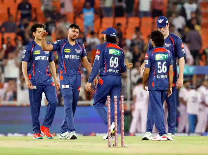 LSG players celebrating victory against GT at Ahmedabad on Thursday. LSG players celebrating victory against GT at Ahmedabad on Thursday.