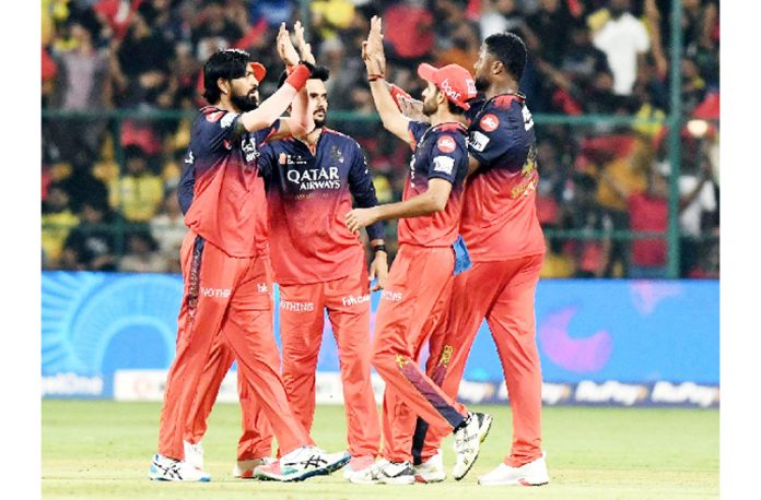 RCB players celebrating after defeating CSK at Bengaluru on Saturday.