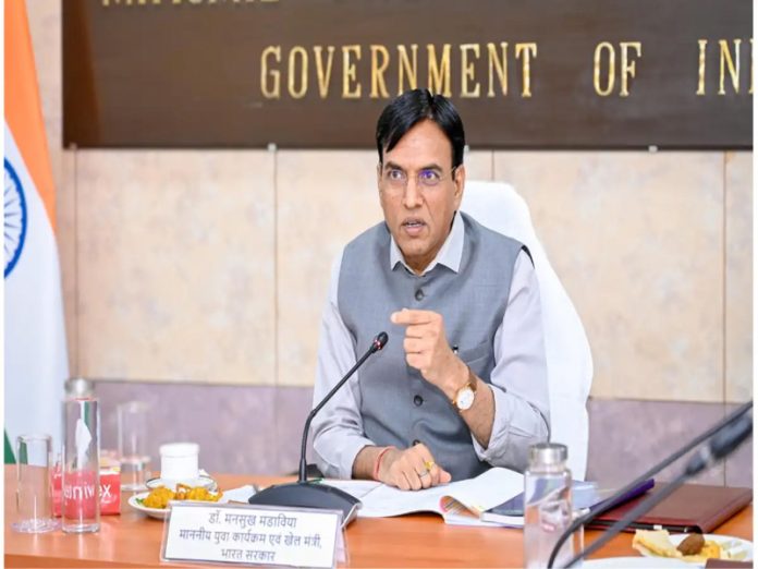 Sports Minister Mansukh Mandaviya addressing media during the launch of Khelo India Annual calendar at New Delhi.