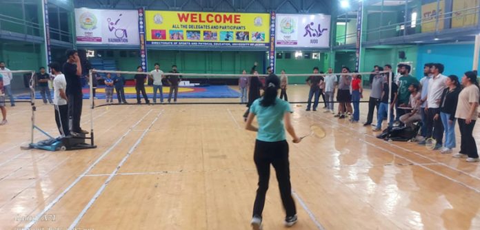 Badminton players in action during a match at Jammu. Badminton players in action during a match at Jammu.