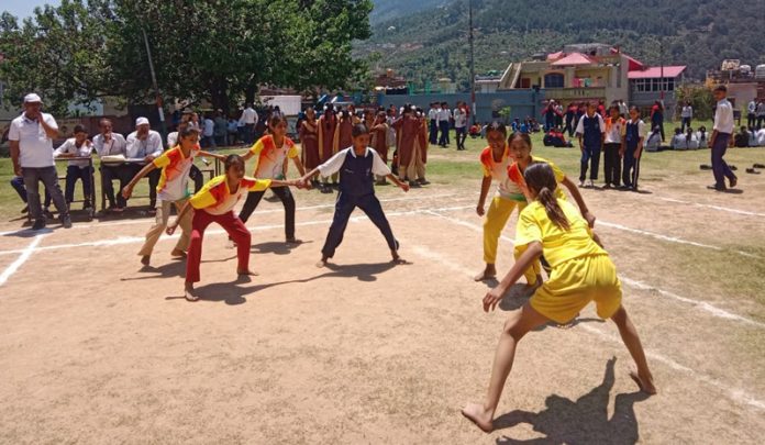 Girls playing Kabaddi match during Zonal Level Inter-School Competitions at Chenani.