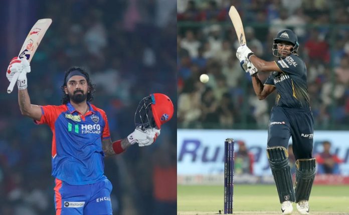 KL Rahul of DC raising his bat after scoring 112 runs not out against GT (L) and Sai Sudharsan of GT playing a shot during his unbeaten knock of 108 runs against DC (R) at New Delhi . KL Rahul of DC raising his bat after scoring 112 runs not out against GT (L) and Sai Sudharsan of GT playing a shot during his unbeaten knock of 108 runs against DC (R) at New Delhi .