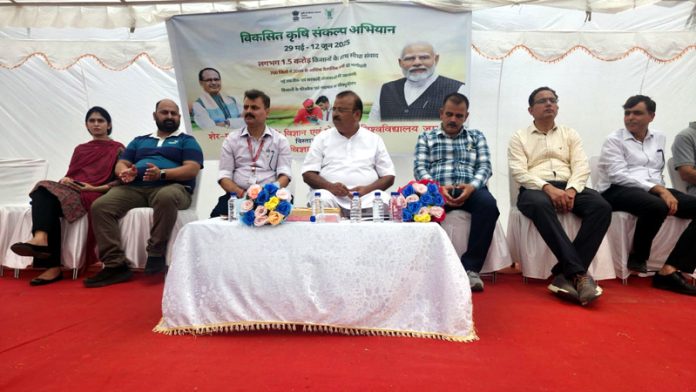 MLA Chander Prakash Ganga chairing an agricultural event at Palli Panchayat in Vijaypur Constituency on Friday.