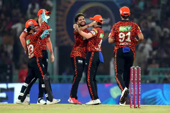 SRH players celebrating after taking wicket against RCB on Friday. SRH players celebrating after taking wicket against RCB on Friday.
