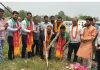 MLA Bahu, Choudhary Vikram Randhawa laying the foundation stone of Aspirational Toilet at Satwari Chowk on Thursday.