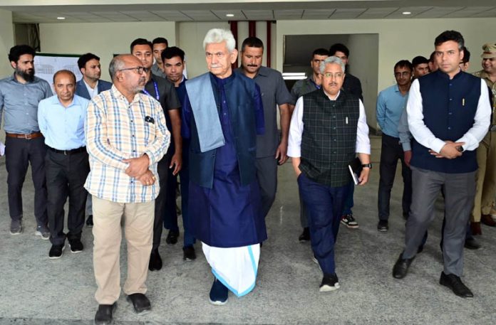LG Manoj Sinha during inspection of the construction work on Monday.
