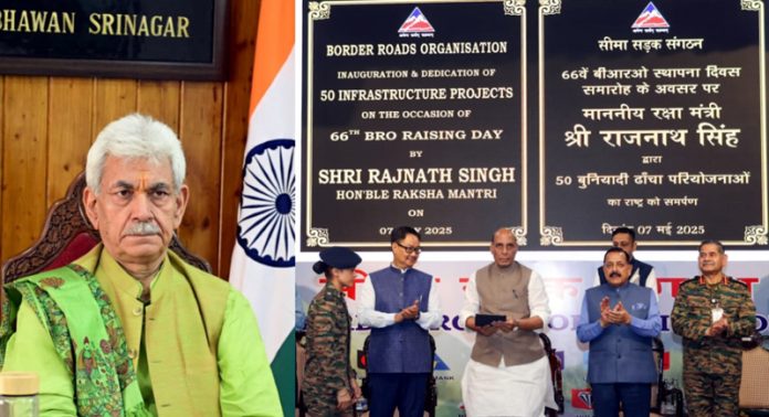 LG J&K virtually attending BRO function (L) and Defence Minister along with Ministers Kiran Rijiju and Dr Jitendra Singh during inauguration of BRO projects virtually on Wednesday. LG J&K virtually attending BRO function (L) and Defence Minister along with Ministers Kiran Rijiju and Dr Jitendra Singh during inauguration of BRO projects virtually on Wednesday.