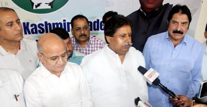 JKPCC working president Raman Bhalla talking to media persons after a meeting in Jammu. -Excelsior/Rakesh