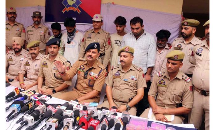 SP Jammu South Ajay Sharma addressing media persons in Jammu on Thursday. -Excelsior/Rakesh