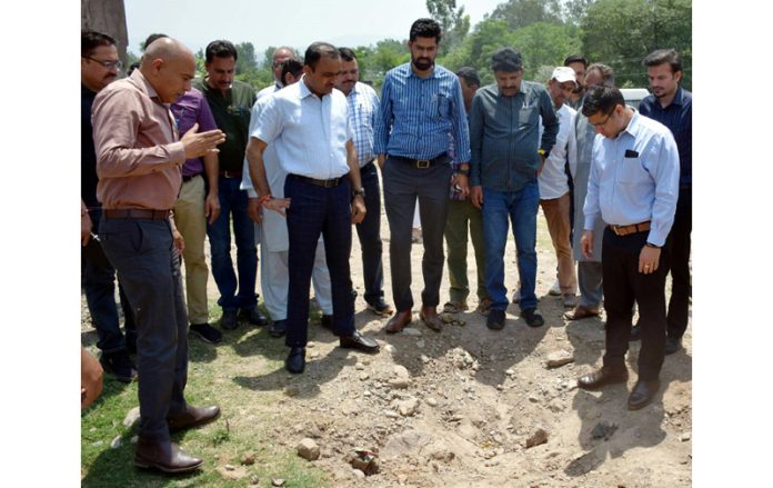 Div Com Ramesh Kumar assessing the damage caused due to cross border shelling in Mendhar area of Poonch on Sunday.