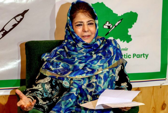 PDP chief Mehbooba Mufti addressing a press conference in Srinagar on Friday. — Excelsior/Shakeel