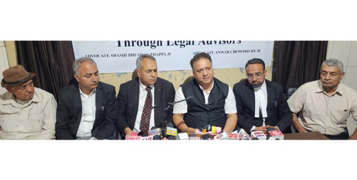 Shashi Bhushan Thappa, Legal Advisor of JKRCEEA and others addressing press conference in Jammu. -Excelsior/Rakesh Shashi Bhushan Thappa, Legal Advisor of JKRCEEA and others addressing press conference in Jammu. -Excelsior/Rakesh