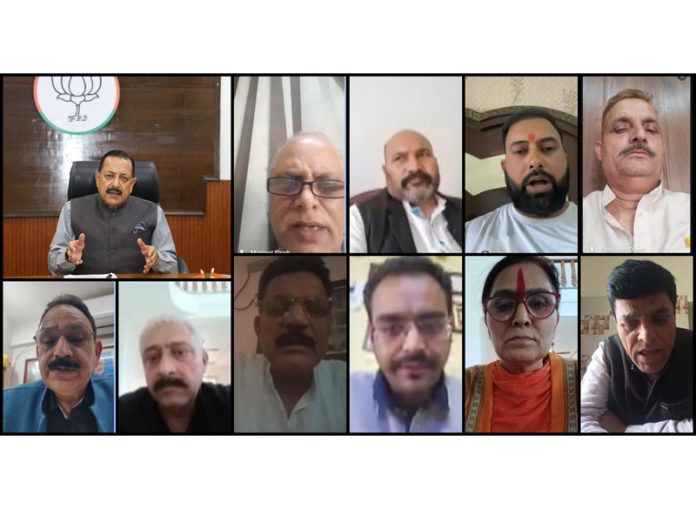 Union Minister Dr Jitendra Singh holding an organisation level review of the situation with BJP office bearers of Udhampur-Kathua-Doda Lok Sabha constituency on Saturday. Union Minister Dr Jitendra Singh holding an organisation level review of the situation with BJP office bearers of Udhampur-Kathua-Doda Lok Sabha constituency on Saturday.