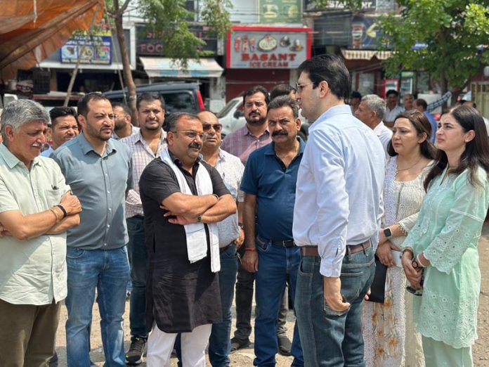 MLA Vikram Randhawa during tour to Trikuta Nagar in Jammu on Saturday.