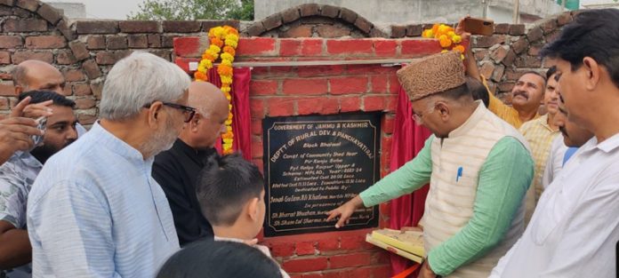 MP (RS) Ghulam Ali Khatana inaugurating community shed at Upper Thather on Tuesday.