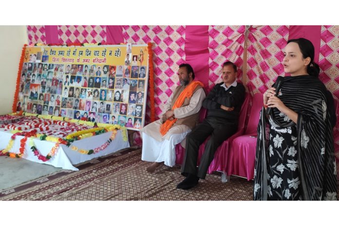 MLA Shagun Parihar addressing a gathering during a function to pay tribute to martyrs in Kishtwar. -Excelsior/Ajay Shan