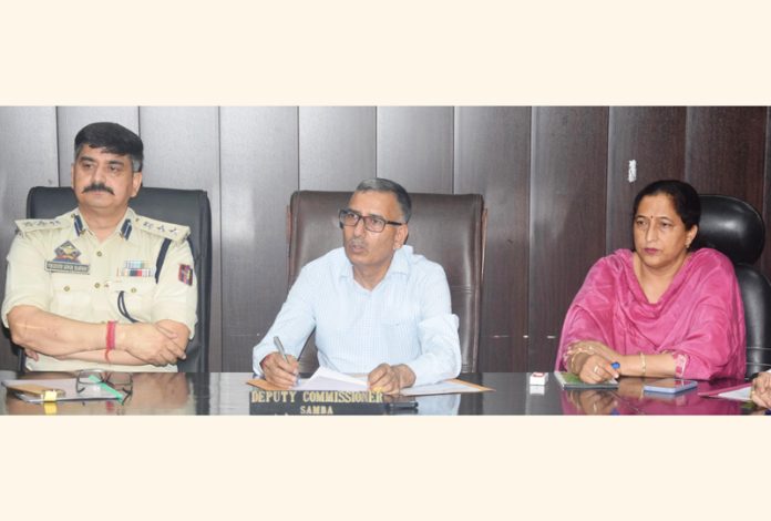 DC Samba Rajesh Sharma chairing a meeting on Tuesday. DC Samba Rajesh Sharma chairing a meeting on Tuesday.