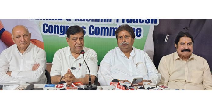 Congress leaders addressing press conference at PCC headquarters in Jammu on Thursday. -Excelsior/Rakesh