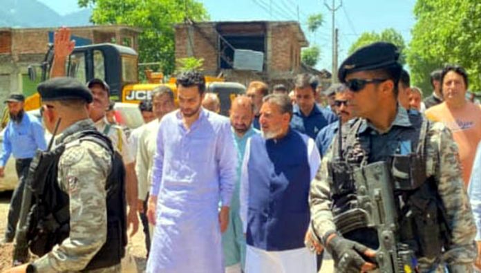 Apni Party president Altaf Bukhari during visit to shelling hit areas of Uri.