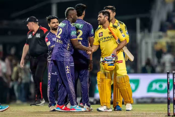 MS Dhoni shaking hand with players of KKR during a match at Kolkata on Wednesday. MS Dhoni shaking hand with players of KKR during a match at Kolkata on Wednesday.