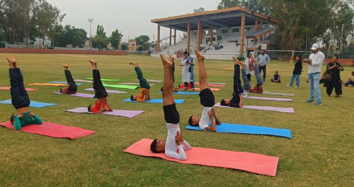 Participants performing Yoga with focus and discipline during Inter-School Zone Level Competition at General Zorawar Singh Stadium, Reasi.