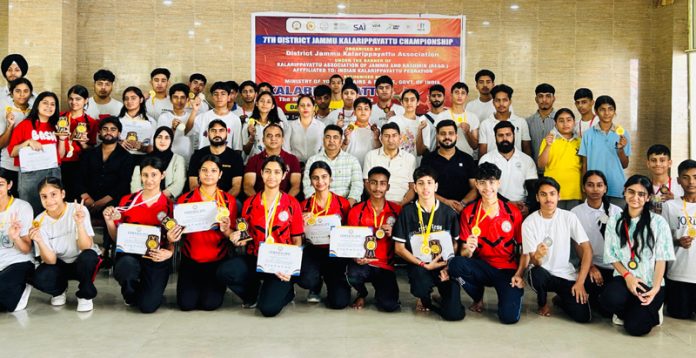 Athletes posing with certificates during closing ceremony of 7th District Jammu Kalarippayattu Championship 2025 at Jammu. Athletes posing with certificates during closing ceremony of 7th District Jammu Kalarippayattu Championship 2025 at Jammu.